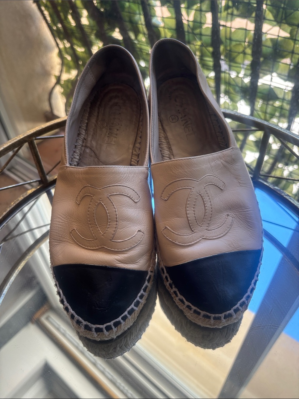 CHANEL Two-Tone Leather Espadrilles in Beige and Black